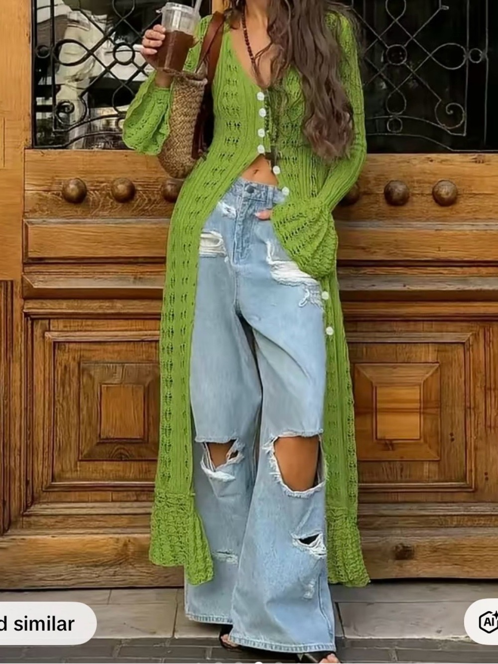 Green Long Knit Button-Front Women's Cardigan Sweater
